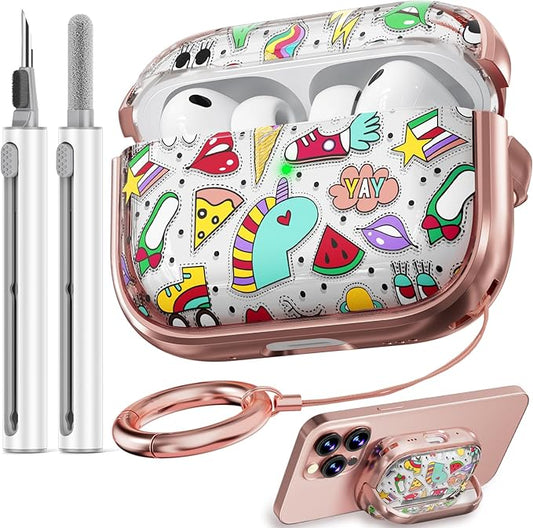 Inesore for AirPods Pro 3 Case 2025 with Lock, for Women Girly Floral Clear Case Compatible with Apple Airpods Pro 3rd Generation Cover, with Phone Stand,Keychain & Cleaner Kit-Unicorn Graffiti