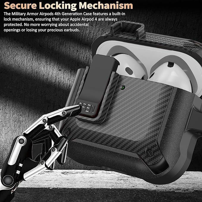 for Airpods 4 Case with Lock Clip, Rugged Apple Airpods 4th Generation Cover 2024 Men Women, Armor Shockproof iPod 4 Gen Protective Hard Shell with Carabiner&Cleaner kit,CF Black