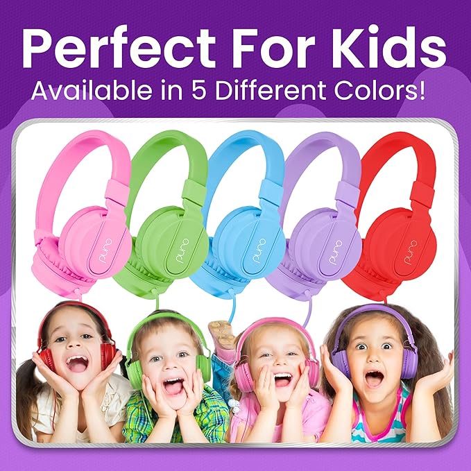 Puro Sound Labs Kids Wired Headphones – Volume-Limiting & Adjustable, Safe & Comfortable Headphones for Kids – Compatible with PCs, Smartphones & Tablets, Ideal for School & Travel – PuroBasic, Purple