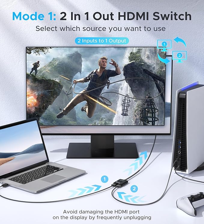 HDMI Switch 2 in 1 Out 4K@60Hz, WARRKY [3.3ft Fixed Braided HDMI Cable, Aluminum Case, HDCP 2.2] Bidirectional 2x1 Switcher (Not Splitter) Compatible for PS5/4, Nintendo Switch, FireStick – Black