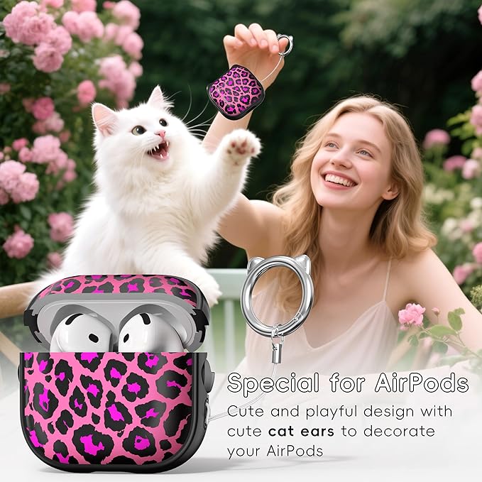 for AirPods 4 Case with Cleaning Kit, Cute Cat Ear Print Design & Cute Buckle, Inverted Phone Holder Design, Top Safe Lock Buckle Design, for Girls AirPods 4 case 2024, Rose Leopard