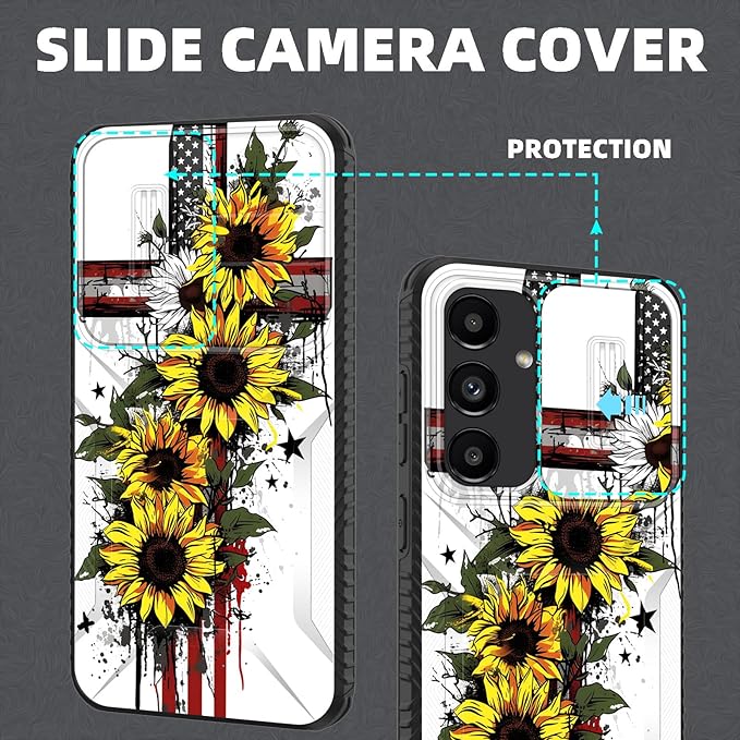 for Galaxy S25 Case Built in Slide Camera Lens Cover,Heavy Duty Shockproof Protection Dual Layer Case for Samsung Galaxy S25 6.2" 2025,Cross American Flag Sunflower