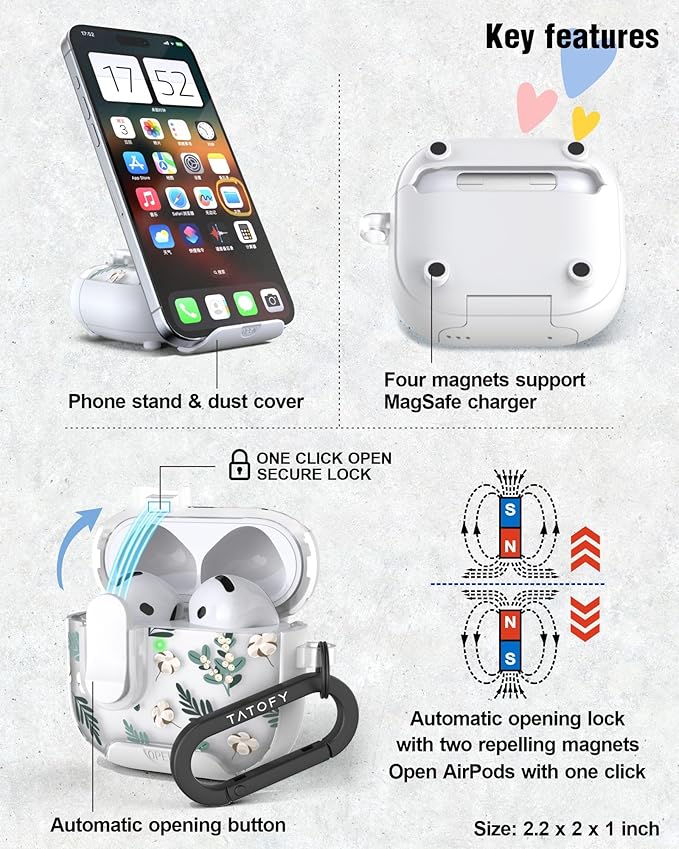 TATOFY for AirPods 4th Generation Case with Phone Stand Lanyard Lock Cleaning Kit, Compatible with Magsafe, Flowers Hard AirPod 4 Cover for Women (Green, AirPods 4th)