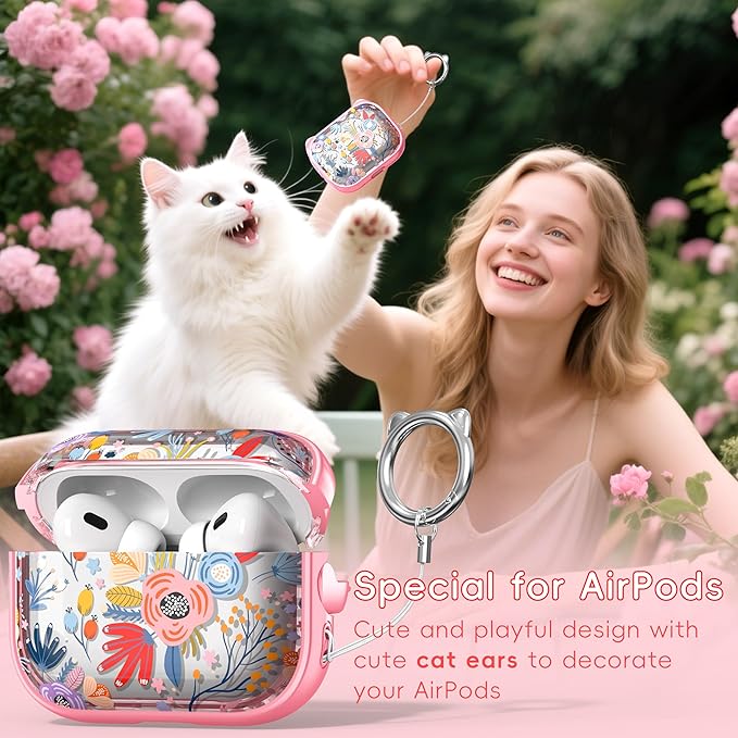 for AirPods Pro 2 Case with Cleaning Kit, Cute Cat Ear Print Design & Cute Buckle for Girls, Phone Holder & Top Safe Lock Buckle Design for AirPods Pro 2nd/1st Gen case, Clear Flowers