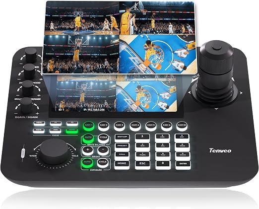 Tenveo NDI PTZ Camera Joystick Controller, 7’’ LCD Quad-Screen Real-time Preview, 4D Joystick Controller, NDI License Included, Support NDI PoE VISCA Pelco-D/P For Church Worship Live Event Streaming