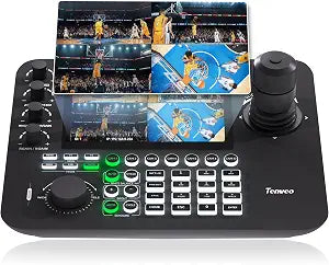 Tenveo NDI PTZ Camera Joystick Controller, 7’’ LCD Quad-Screen Real-time Preview, 4D Joystick Controller, NDI License Included, Support NDI PoE VISCA Pelco-D/P For Church Worship Live Event Streaming