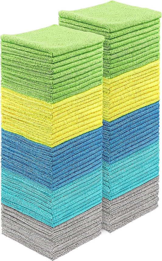 HOMEXCEL Microfiber Cleaning Cloths 100 Pack, Highly Absorbent Microfiber Towels, Lint & Scratch-Free Cleaning Rags for House, Kitchen and Car, Multi-Color Microfiber Towels for Car 11.5 x 11.5 inch