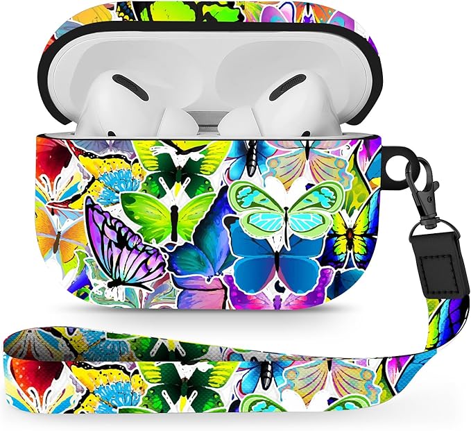Maxjoy Compatible with AirPods Pro Case Cover, Cute Flowers Soft Protective for AirPod Pro 2019 Charging Case,Purple Green Butterfly Lanyard