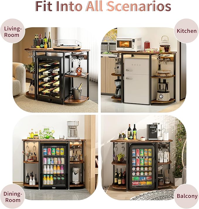 Mini Fridge Stand with Power Outlet and Led Light,Microwave Stand with Storage,Mini Fridge Cabinet with Wine Rack ,Bar Cabinet with Fridge Suitable for Kitchen,Dining Room,Living Room, Rustic Brown