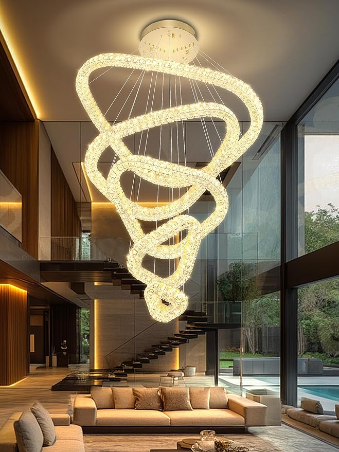 Flashing God H118 Modern Large Chandelier for Foyer 5 Rings Crystal Chandelier Stairway Chandeliers LED Dimmable Crystal Pendant Light for Living Room Entrance Hallway Gold