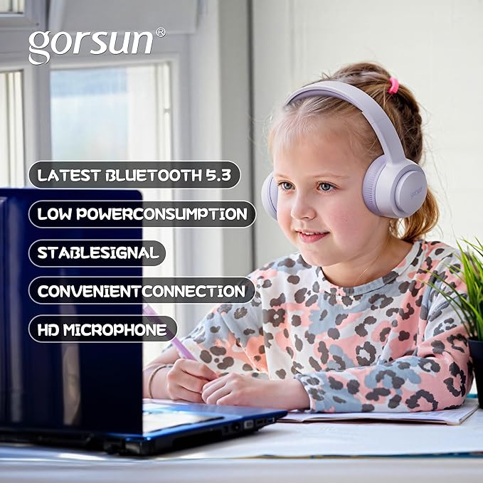 gorsun Kids Bluetooth Headphones, Toddler Headphones 85 dBA Safe Volume, 45 Hours Playtime, with Mic, Bluetooth 5.3, Kids Wireless Headset for iPad/Tablet/Travel/School, ldeal Gift (Purple)