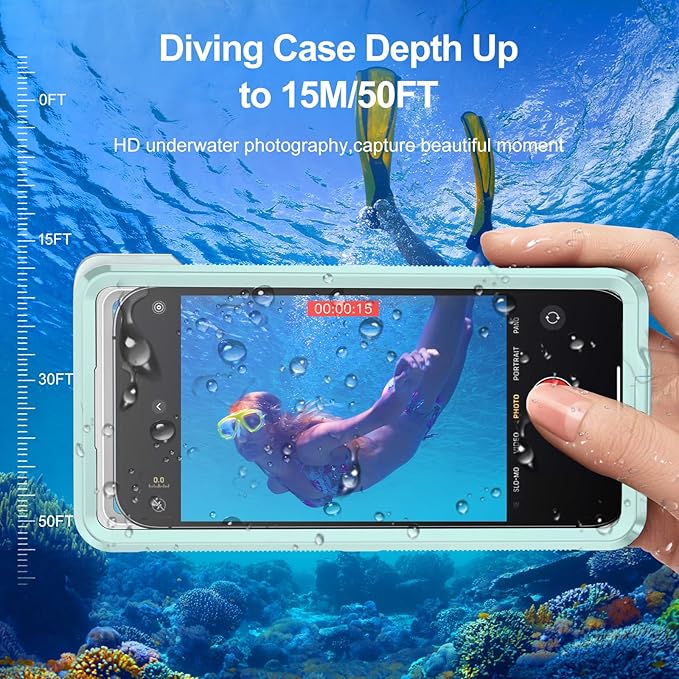 Beasyjoy Waterproof Phone Case, Underwater Snorkeling Diving Phone Case, Universal Self-Check Water Proof Pouch Dry Bag Up to 6.9 Inch for iPhone 16/15/14/13/12/11/Samsung S24/S23/Google - Green
