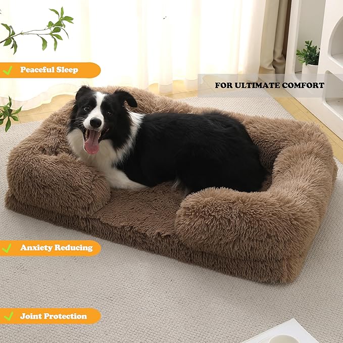 Orthopedic Dog Bed for XL Dogs - Washable Memory Foam Pet Sofa, Fluffy Plush Rectangular Bed, Waterproof Anti-Anxiety Couch, Khaki, XL