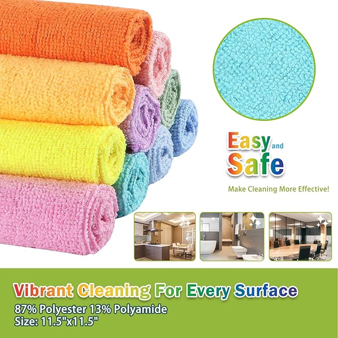 AIDEA Microfiber Cleaning Cloth, 20PK, Colorful Lint-Free Vibrant Cleaning Rags, Microfiber Towels for Cars, Kitchen Cloth, Dusting Cloth for Home, Window, Cleaning Supplies, 11.5"×11.5"