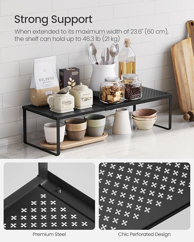 SONGMICS Expandable Pantry Kitchen Organizers, Adjustable Spice Rack, Stackable Cabinet Organizers, Metal, Space-Saving Tabletop Shelves, Matte Black UKCS007B01
