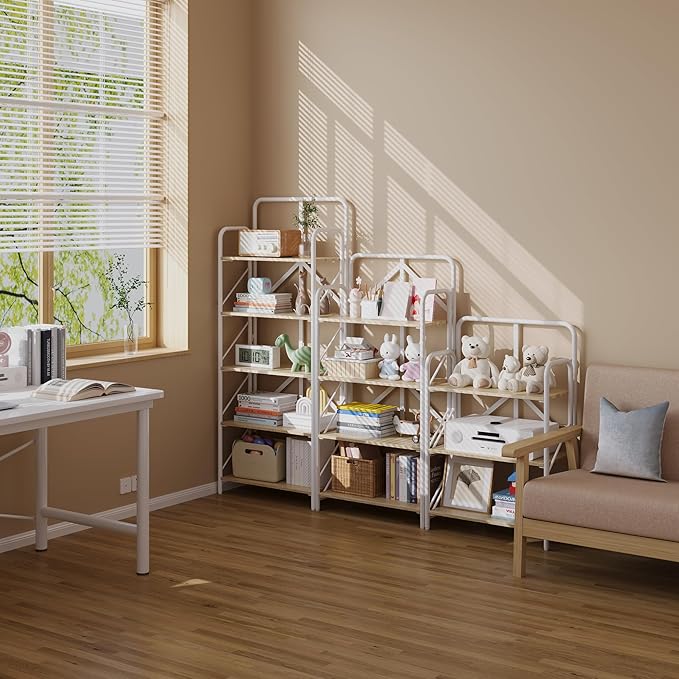 JSB 5 Tier No Assembly Folding Bookshelf, Foldable Storage Bookcase for Home Office, Space-Saving Storage Shelf for Living Room, Bedroom (White, 5-Tier)