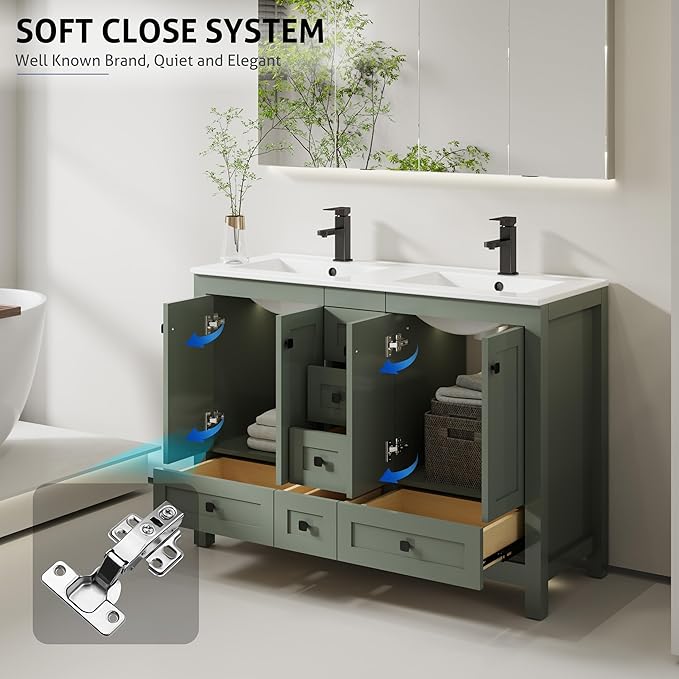 eclife 48" Bathroom Vanities with Sink Combo, Modern Thickened Wood Bathroom Storage Cabinet w/Undermount Double Sink, Matte Black Faucet Drain, Painted Surface, Green