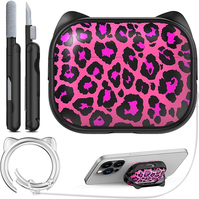 RFUNGUANGO AirPods Pro Case for Women Girly Cat Case with Lock, Phone Stand, Keychain & Cleaner Kit, Compatible with Apple Airpods Pro 2nd/1st Generation Case Cover, Rose Red Leopard Print