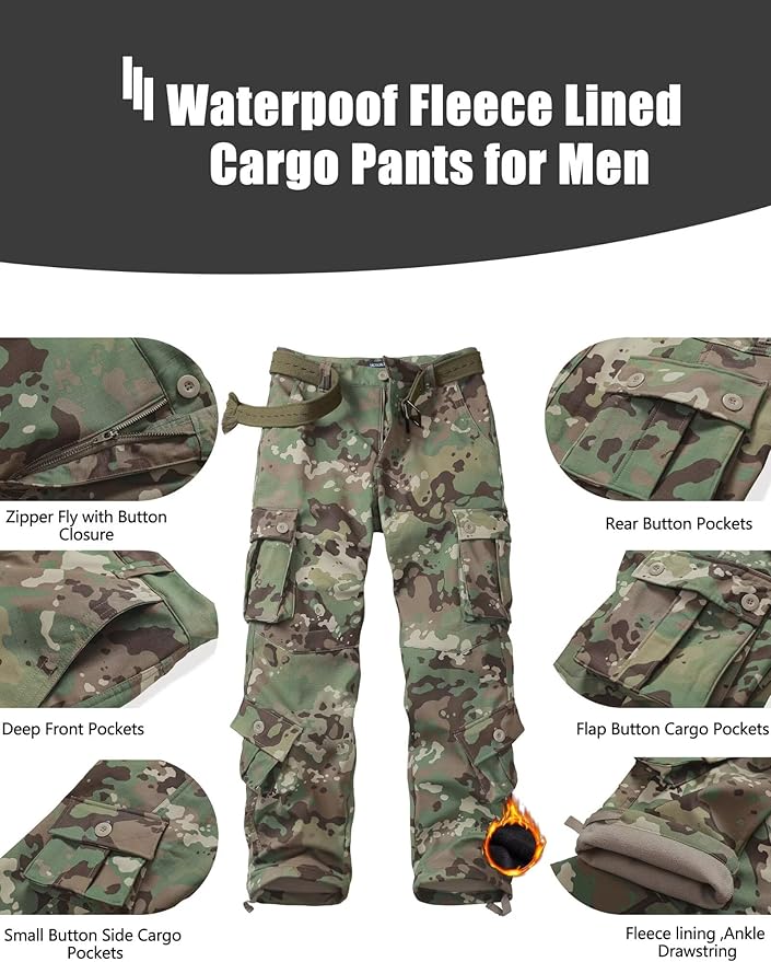 KOCTHOMY Men’s Fleece Lined Hiking Pants,Winter Outdoor Thermal Casual Work Cargo Pants with Multi Pockets, No Belt.
