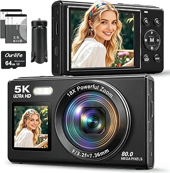 5K Digital Cameras for Photography with Tripod 2 Batteries 64GB