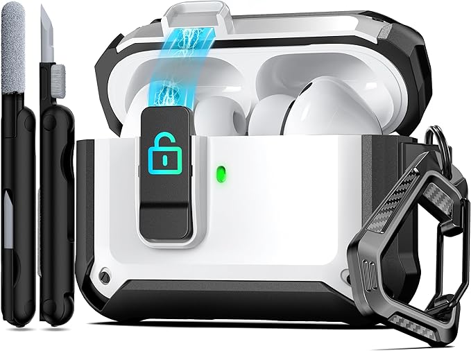 RFUNGUANGO AirPods Pro 3 Case (2025) with Safety Lock and Automatic Pop-up, Compatible with Airpods Pro 3rd Generation Case, Magnetic Lid, Compatible MagSafe, Hard Shockproof Protective Case, White