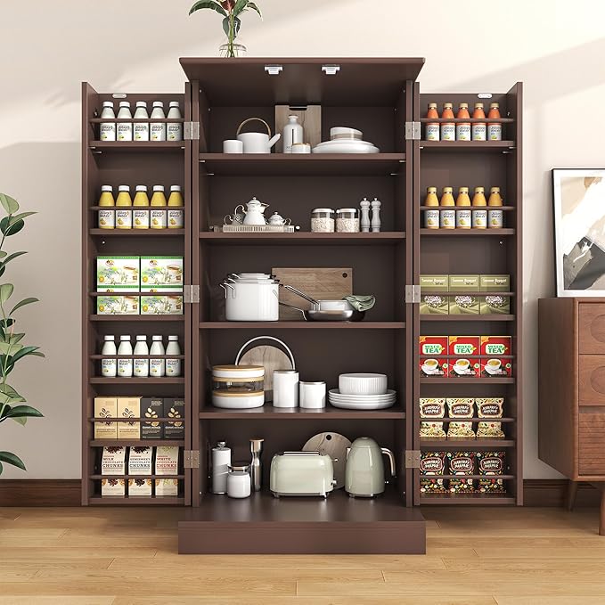 47” Kitchen Pantry Cabinets, Freestanding Kitchen Pantry Storage Cabinet with Doors and Adjustable Shelves, Buffet Cupboards Storage Cabinet for Home Office Use (Brown)