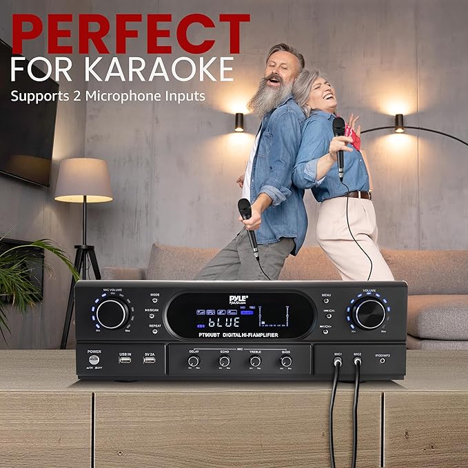 Pyle Bluetooth Home Theater Receiver Amplifier - 180W Peak Power Amp w/Treble, Bass, Echo Control, MP3/USB/FM, Dual Channel Audio Stereo System for Home Streaming Entertainment, Karaoke, Professional