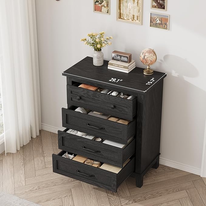 GarveeHome 4 Dresser for Bedroom, 34.8 in Tall Vertical Drawer Dresser with Large Storage, Freestanding Wooden Closet Chest for Bedroom, Living Room, Black