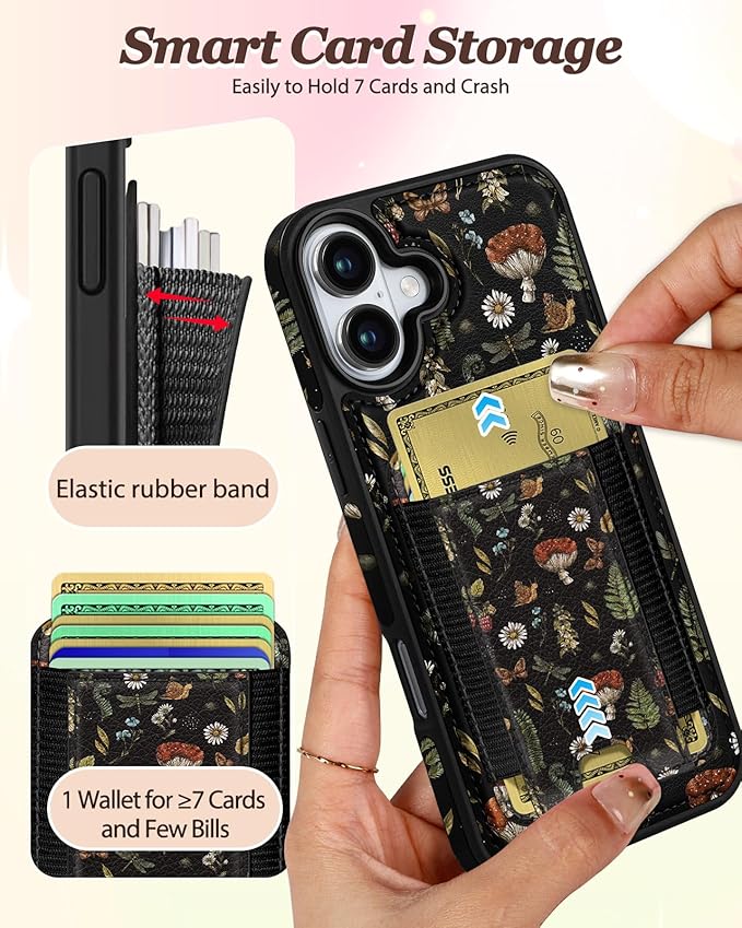 Shorogyt for iPhone 17 Wallet Case - Fits 5 Cards, Compatible with Magsafe Detachable Magnetic Credit Card Holder Leather Cardholder Cute Phone Cover Women Girls for Apple 17, Mushroom