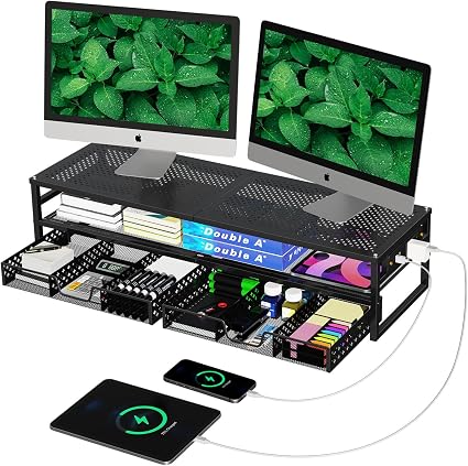 Simple Trending 2-Tier Metal Dual Monitor Stand with USB & 2 Drawers, Black - Image 4