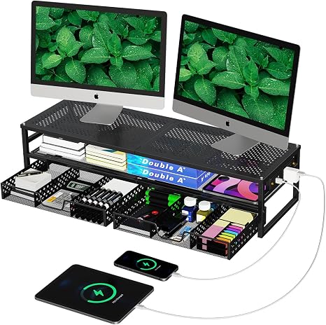 Simple Trending 2-Tier Metal Dual Monitor Stand with USB & 2 Drawers, Black - Image 5