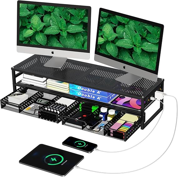 Simple Trending 2-Tier Metal Dual Monitor Stand with USB & 2 Drawers, Black - Image 7
