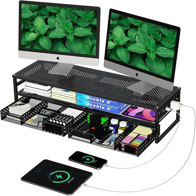 Simple Trending 2-Tier Metal Dual Monitor Stand with USB & 2 Drawers, Black - Image 8