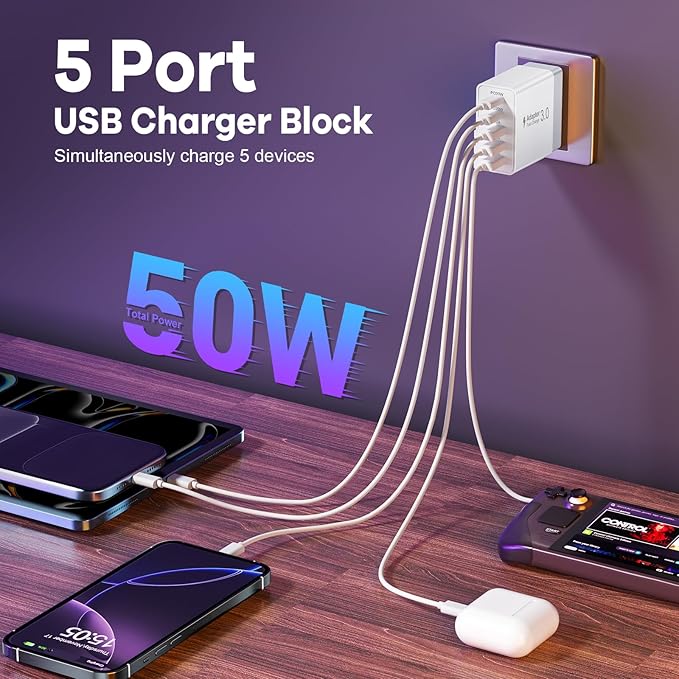 2Pack 5-Port USB C Charger Block, 50W Fast Charging Blocks 3 USB-A+2 USBC Wall Plug Power Adapter Outlet Multiport Type C Box Cube Brick for iPhone 16e 16 Pro Max iPad, Tablets Samsung S25, Pixel 7