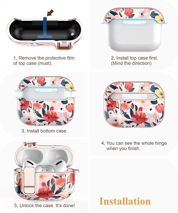 TATOFY for AirPods Pro 2nd Generation Case with Lock Carabiner Cleaner, Slim AirPod Pro 1st & 2nd Hard Case Cover, Compatible with MagSafe (Water Pink)