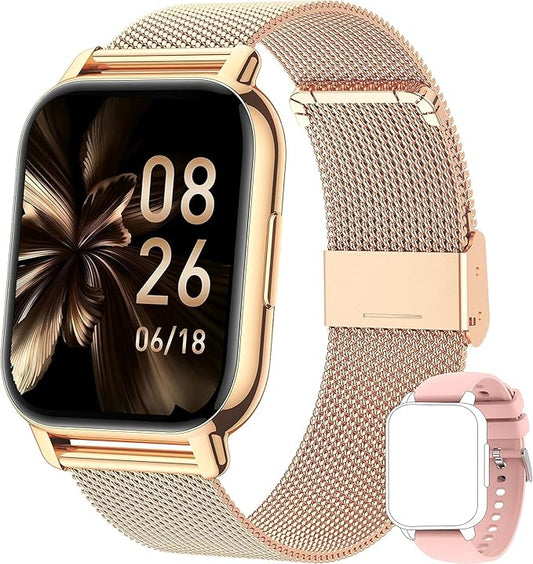Popglory Smart Watch Answer/Make Calls, 1.85'' Smartwatch with AI Voice Control, Blood Pressure/SpO2/Heart Rate Monitor, Fitness Tracker Watch 2 Straps for Men Women for iOS Android Phones