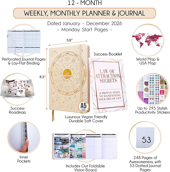 Law of Attraction Planner 2026 Deluxe with Productivity App | Weekly & Monthly Goal-Setting Planner, Life & Gratitude Journal | Include Foldable Vision Board, Gift Box & Stickers