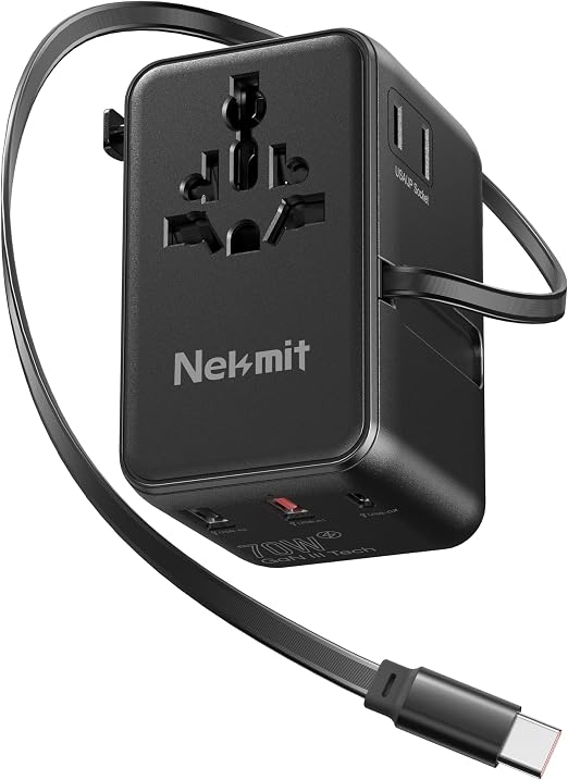 70W Universal Travel Adapter, Nekmit International Power Adapter with Retractable USB C Fast Charger Cable, 6-Port Travel Plug with 2 AC, 2 USB-A and 2 USB-C Ports Compatible with Over 200 Countries