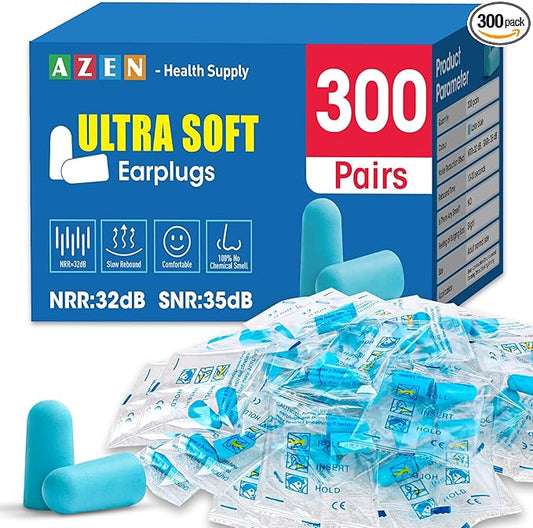 AZEN 300 Pairs Ear Plugs, NRR 32dB Soft Foam Ear Plugs for Sleeping Noise Cancelling, Earplugs for Concerts Shooting Swimming Noise Reduction,Individually Wrapped (Lake Blue)