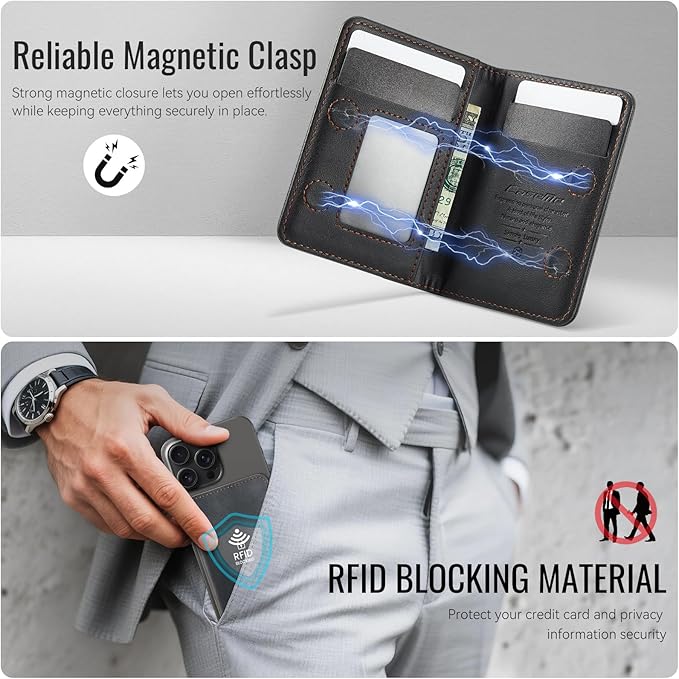 QVLANG for MagSafe Wallet, PU Leather Magnetic Card Holder RFID Blocking, 4 Card Slots and 1 Money Slot, Compatible with MagSafe Phones and Cases, for iPhone 17/16/15/14/13/12 Series, Black