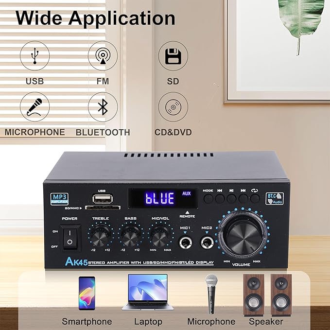 Stereo Audio Amplifier 2026 Upgraded AK45 Bluetooth Receiver for Home Stereo, 400W 2 Channel Wireless Bluetooth 5.0 Power Amplifier System with FM Radio, USB, SD Card, and Remote Control