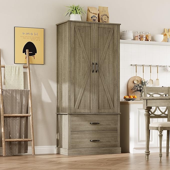IDEALHOUSE Kitchen Pantry Storage Cabinet with Barn Doors, Drawer, and 2 Adjustable Shelves, Freestanding Tall Hutch with Microwave Stand for Kitchen, Dining Room, Rustic Gray
