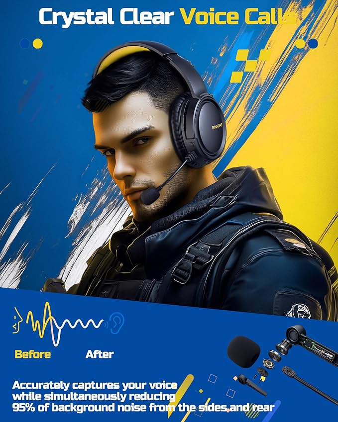 BINNUNE Wireless Gaming Headset — 2.4GHz Low-Latency USB Dongle + Bluetooth, 50mm Drivers 7.1 Surround, Noise-Cancelling Mic, 40H Battery — Over Ear Wireless Headphones for PS5, PC, Laptop, Yellow