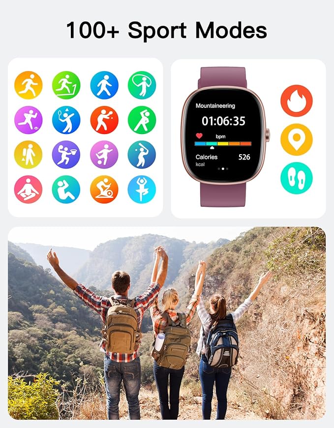 Fitness Tracker with Call Function, 1.85” Fitness Watch for Women and Men, 24/7 Heart Rate & Blood Oxygen Monitor, Sleep Tracker, 100+ Sport Modes, IP68 Waterproof (Purple)
