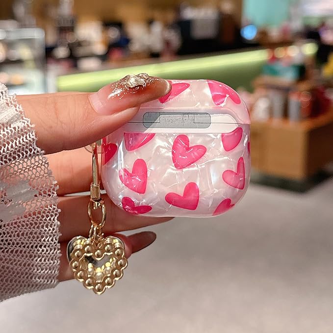 for Airpod 4 Case Cute Romantic Love Shell Pearl Protective Cover with Keychain Compatible with Airpods 4th Generation Case 2024 for Girls Women (Hot Pink Hearts)