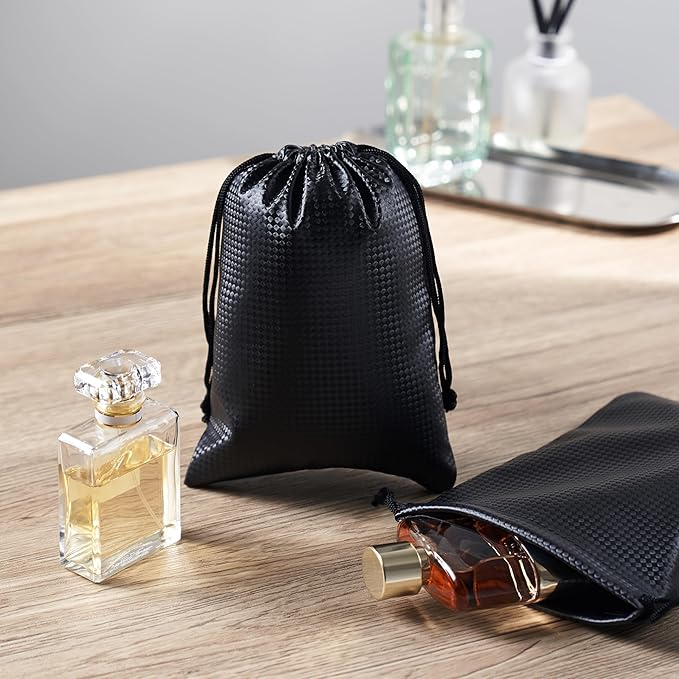 PALTERWEAR Tech-Weave PU-Coated Drawstring Bags (Set of 5) Water-Resistant, Directional-Stretch Travel Organizers for Goody Bag, Toiletries, Tech Gear, Charger - Wipe-Clean (Black 3D, 6 x 8 Inch)
