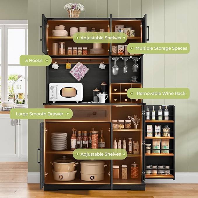 Dripex 71" Pantry Cabinet with Charging Station, Farmhouse Kitchen Pantry Storage Cabinet with Outlet & LED Light, Microwave Stand, Tall Kitchen Hutch with Storage for Living Room, Dining Room, Black