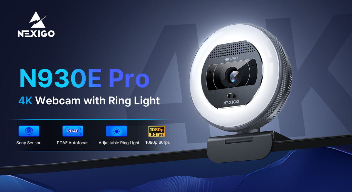 NexiGo N930E Pro, 4K Webcam with Ring Light, PDAF Autofocus, 1080P@60FPS, Dual Noise-Canceling Mics, Built-in Privacy Shutter, Web Cam for Streaming, Meeting, Gaming