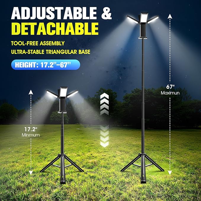 Upgraded Portable Work Light with Remote,4 Head Camping Light with Stand,8000LM Cordless LED Work Lights, Bright Telescopic Camping Lights, 67" Portable Tripod Work Light for Outdoor, Jobsite