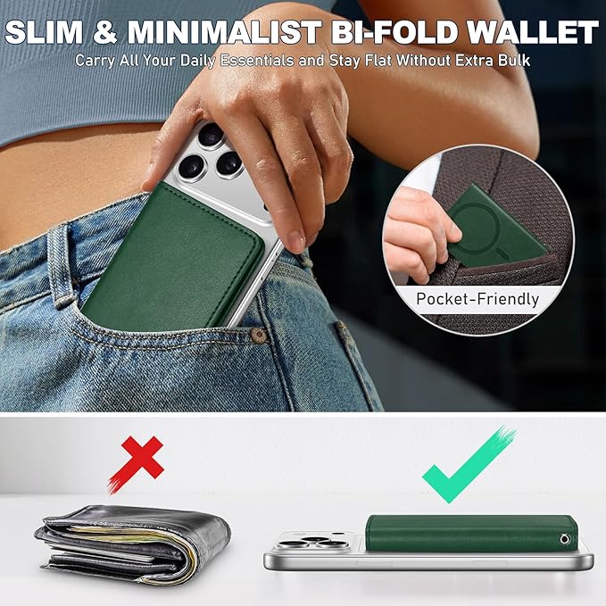 TUCCH for Magsafe Phone Wallet, RFID Blocking [6 Card Slots] [Clear ID Window] PU Leather Folio Women Men Magnetic Card Wallet for iPhone 17 16 15 14 13 12/Pro/Pro Max/Air/Plus, Evergreen